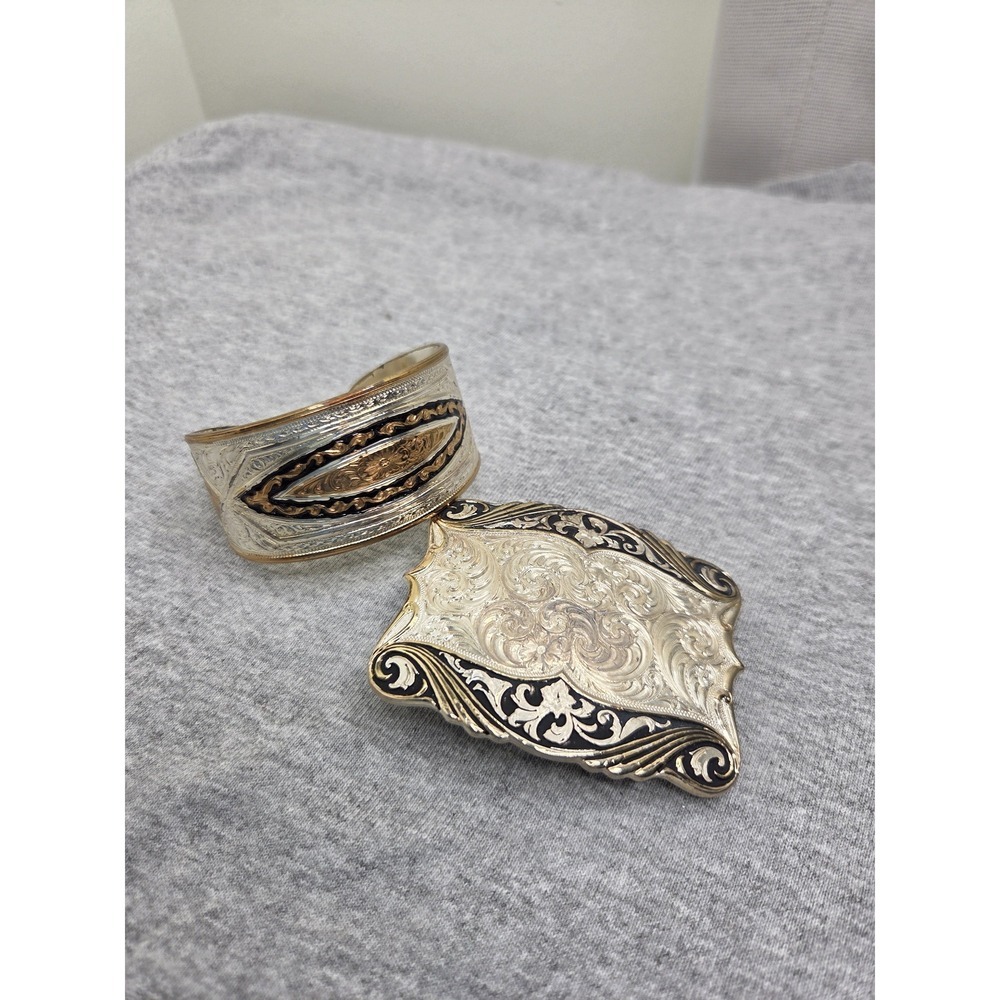 Lot 2 Womens Vintage Montana Silversmiths Belt Buckle and Matching Silver Cuff